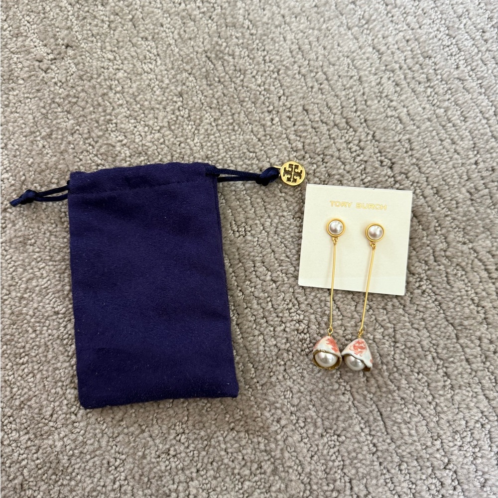 Tory Burch Gold and Pearl Earrings with Navy Pouch